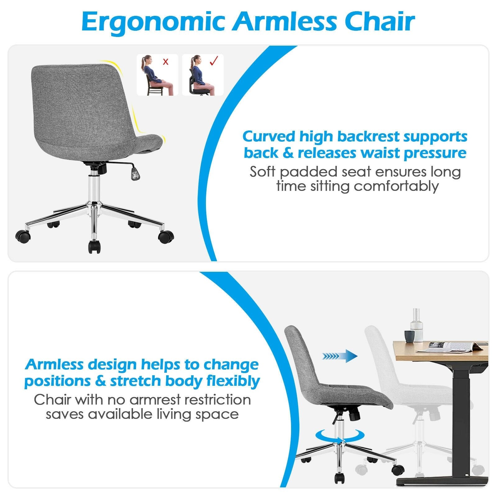 Fabric Adjustable Mid-Back Armless Office Swivel Chair, Gray Armless Chairs   at Gallery Canada