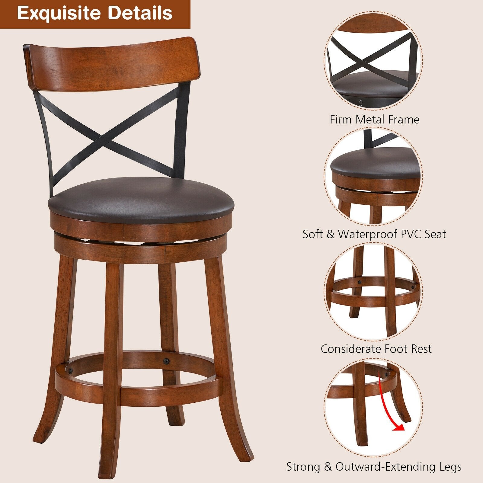 Set of 2 Bar Stools 360-Degree Swivel Dining Bar Chairs with Rubber Wood Legs-M, Walnut Bar Stools   at Gallery Canada