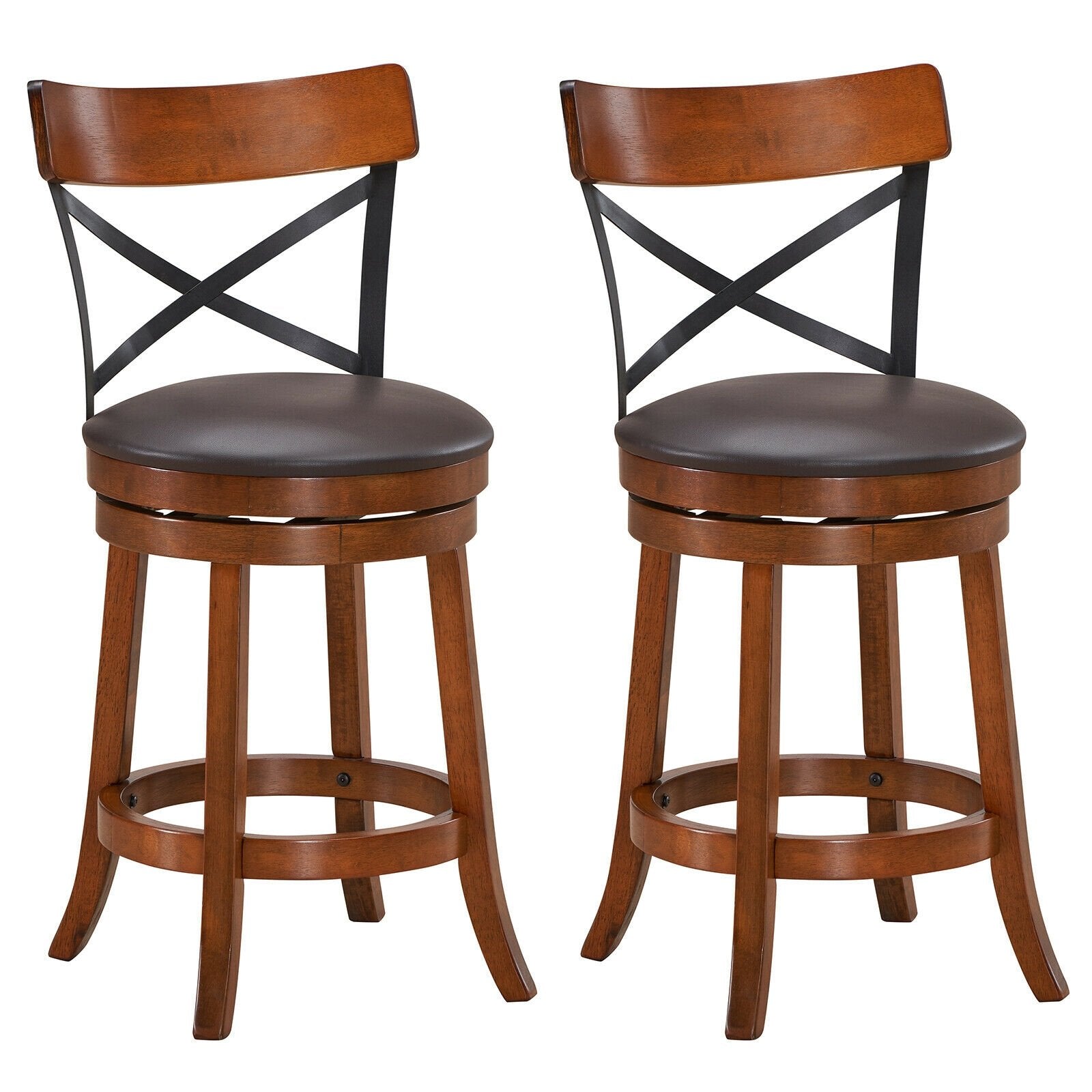 Set of 2 Bar Stools 360-Degree Swivel Dining Bar Chairs with Rubber Wood Legs-M, Walnut Bar Stools   at Gallery Canada