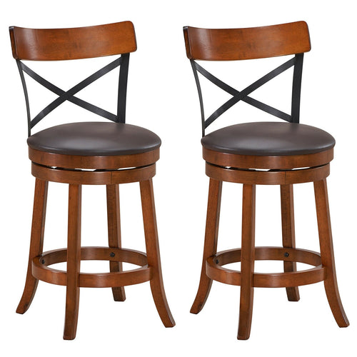 Set of 2 Bar Stools 360-Degree Swivel Dining Bar Chairs with Rubber Wood Legs-M, Walnut