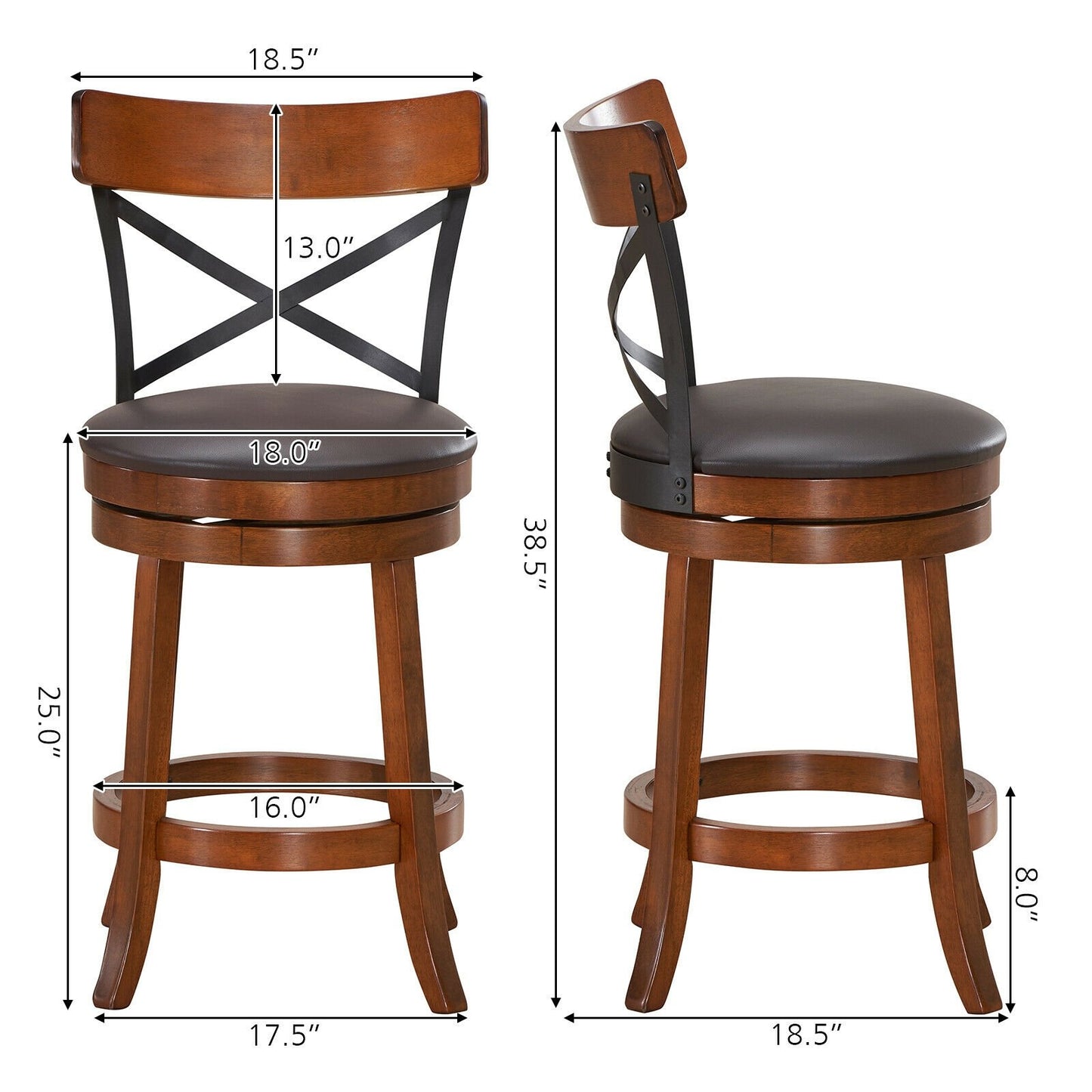 Set of 2 Bar Stools 360-Degree Swivel Dining Bar Chairs with Rubber Wood Legs-M, Walnut Bar Stools   at Gallery Canada