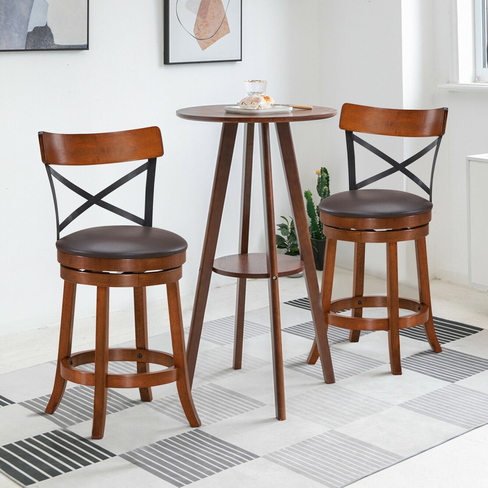 Set of 2 Bar Stools 360-Degree Swivel Dining Bar Chairs with Rubber Wood Legs-M, Walnut Bar Stools   at Gallery Canada