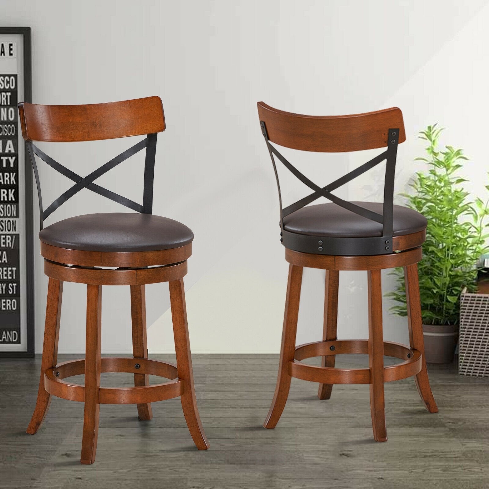 Set of 2 Bar Stools 360-Degree Swivel Dining Bar Chairs with Rubber Wood Legs-M, Walnut Bar Stools   at Gallery Canada