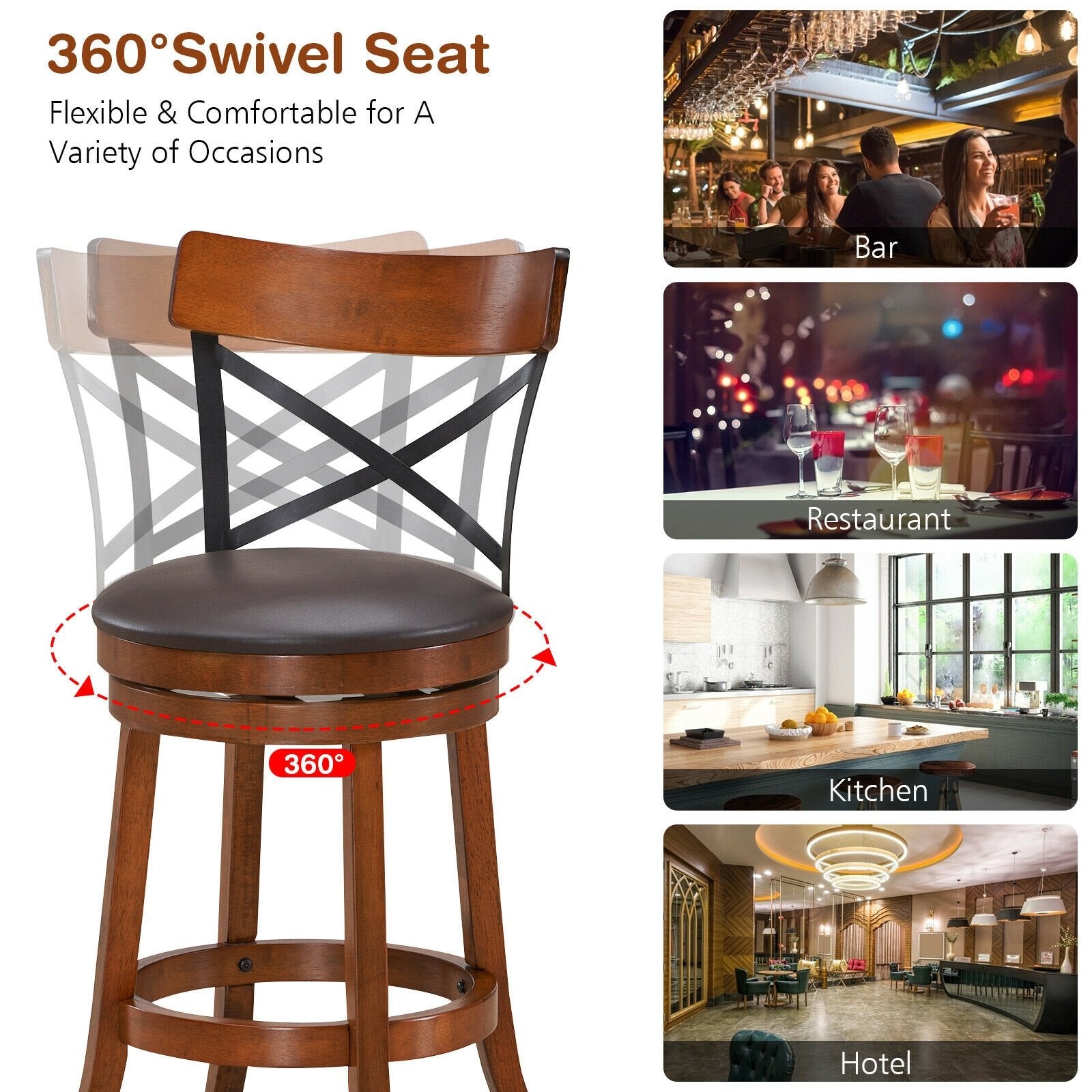 Set of 2 Bar Stools 360-Degree Swivel Dining Bar Chairs with Rubber Wood Legs-M, Walnut Bar Stools   at Gallery Canada