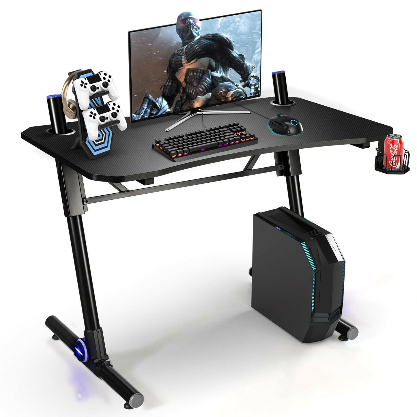 43.5 Inch Height Adjustable Gaming Desk with Blue LED Lights, Black Gaming Desks   at Gallery Canada