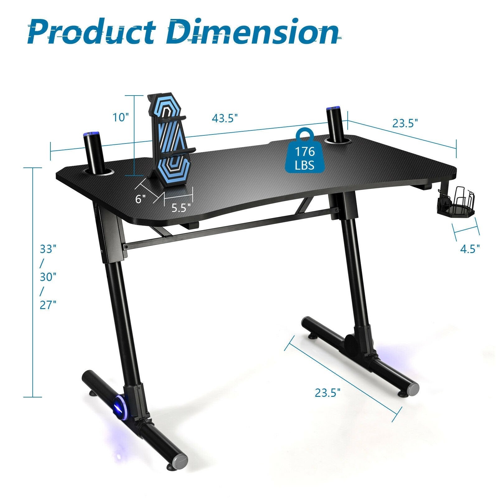 43.5 Inch Height Adjustable Gaming Desk with Blue LED Lights, Black Gaming Desks   at Gallery Canada