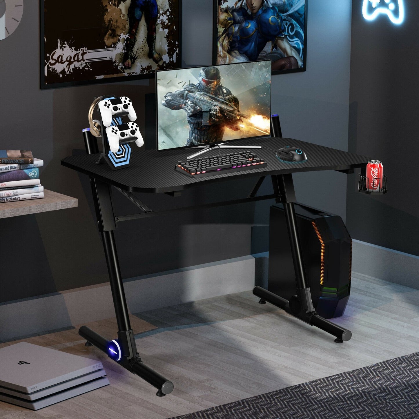 43.5 Inch Height Adjustable Gaming Desk with Blue LED Lights, Black Gaming Desks   at Gallery Canada