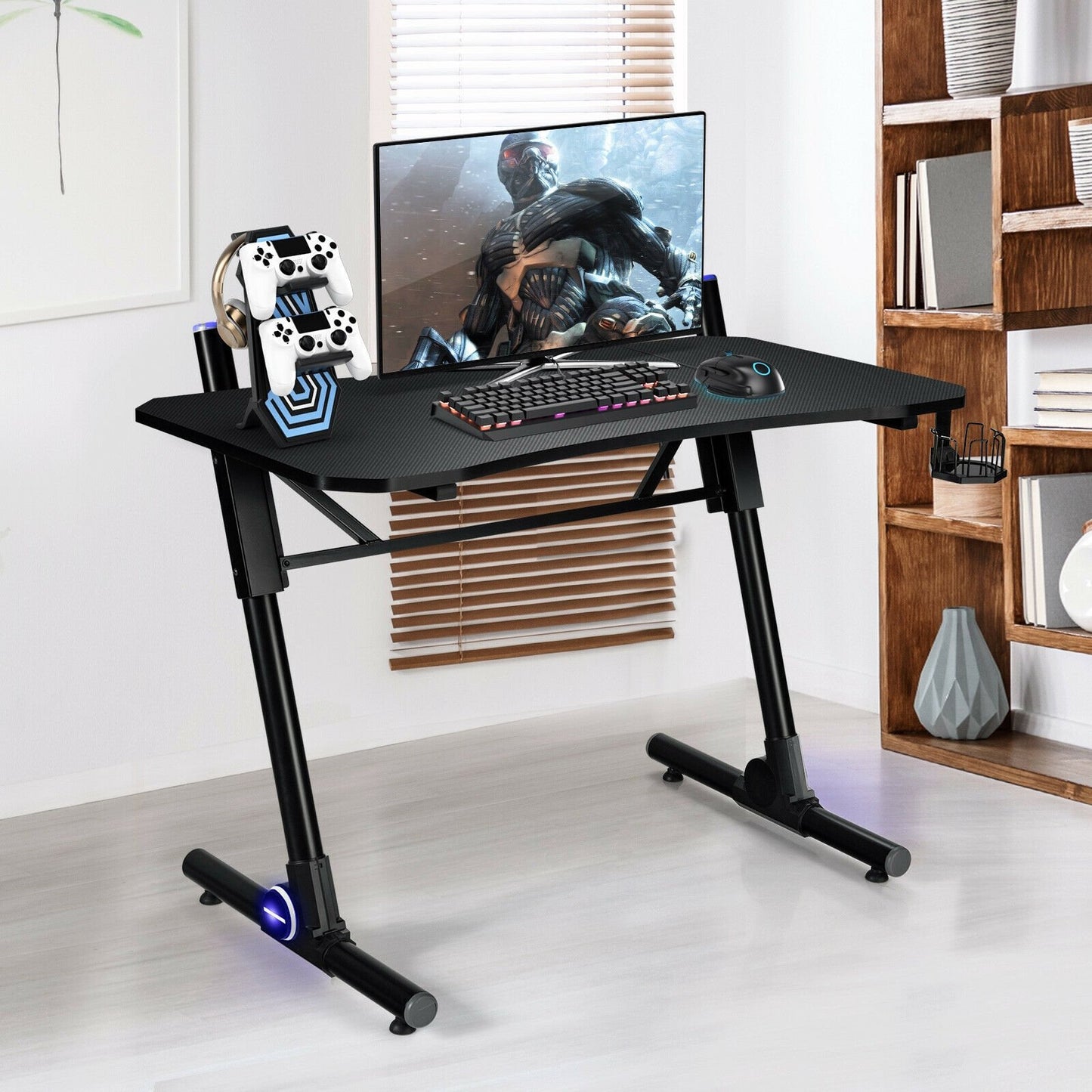 43.5 Inch Height Adjustable Gaming Desk with Blue LED Lights, Black Gaming Desks   at Gallery Canada