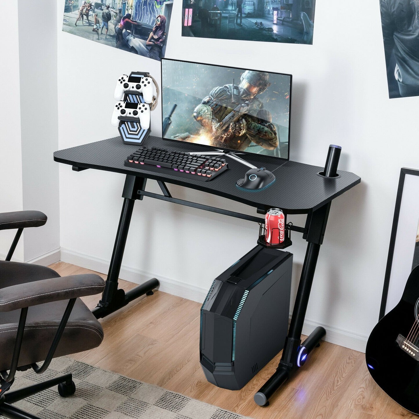 43.5 Inch Height Adjustable Gaming Desk with Blue LED Lights, Black Gaming Desks   at Gallery Canada