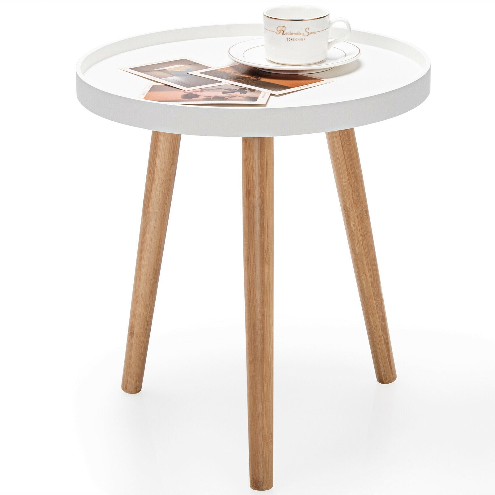 Round Side Sofa Coffee Table with Wooden Tray, White Coffee Tables   at Gallery Canada