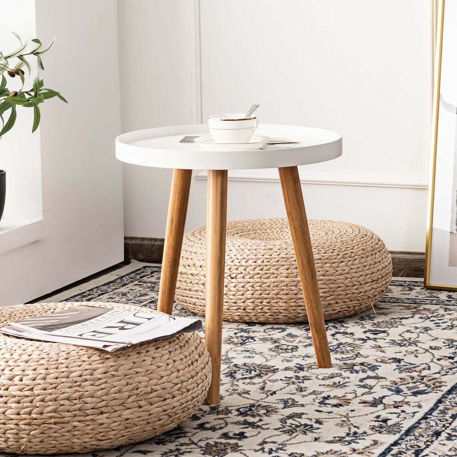 Round Side Sofa Coffee Table with Wooden Tray, White Coffee Tables   at Gallery Canada