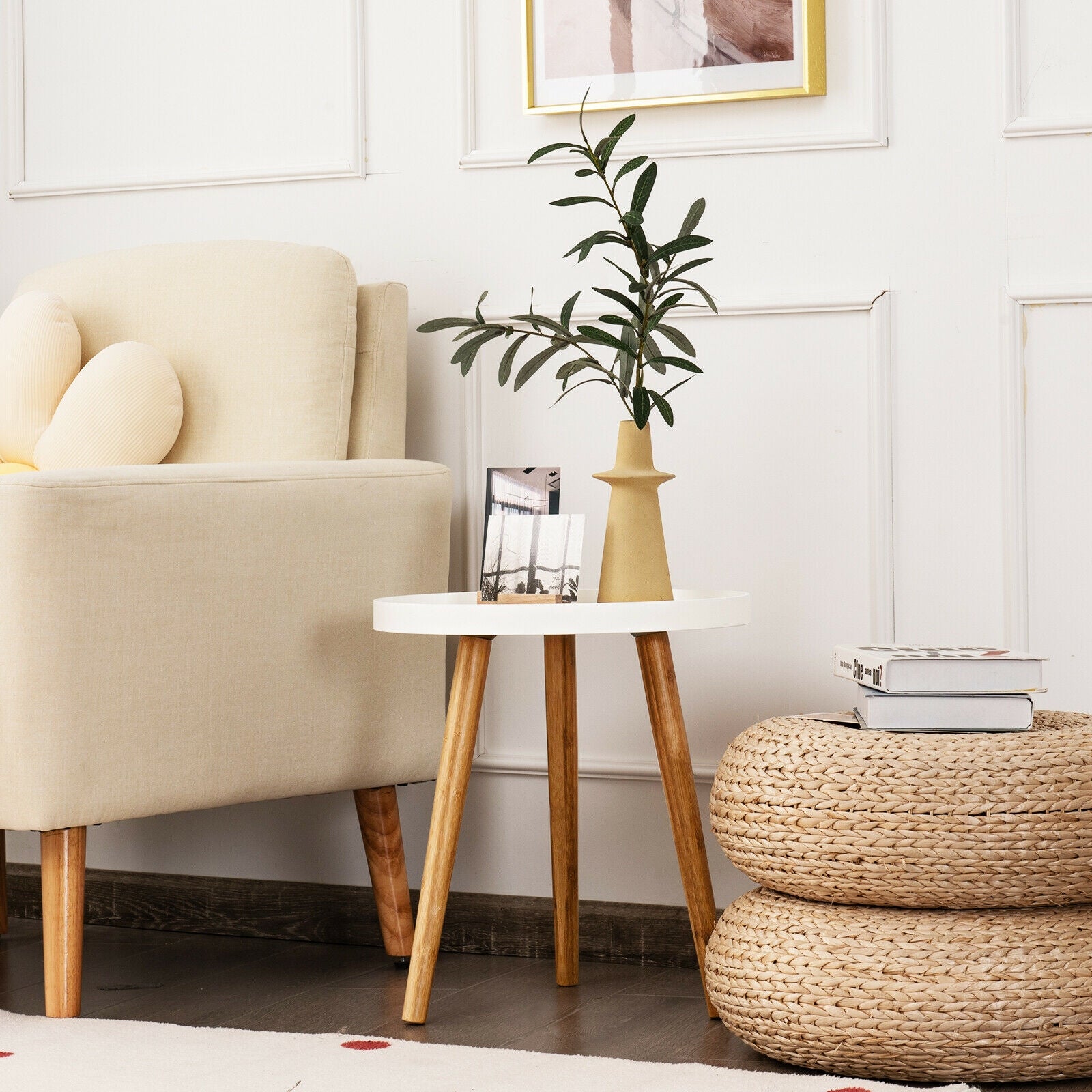 Round Side Sofa Coffee Table with Wooden Tray, White Coffee Tables   at Gallery Canada