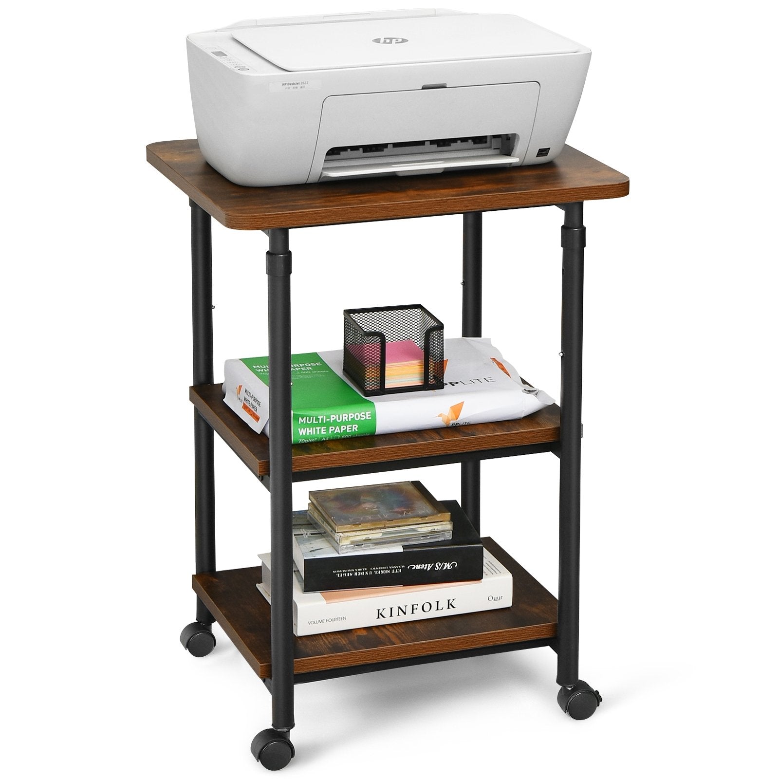 3-tier Adjustable Printer Stand with 360° Swivel Casters, Brown Laptop Tables & Printer Stands   at Gallery Canada