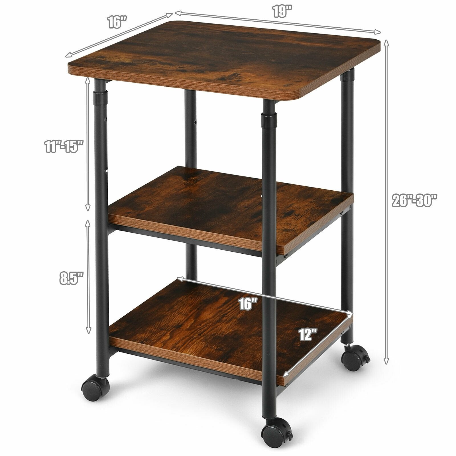 3-tier Adjustable Printer Stand with 360° Swivel Casters, Brown Laptop Tables & Printer Stands   at Gallery Canada