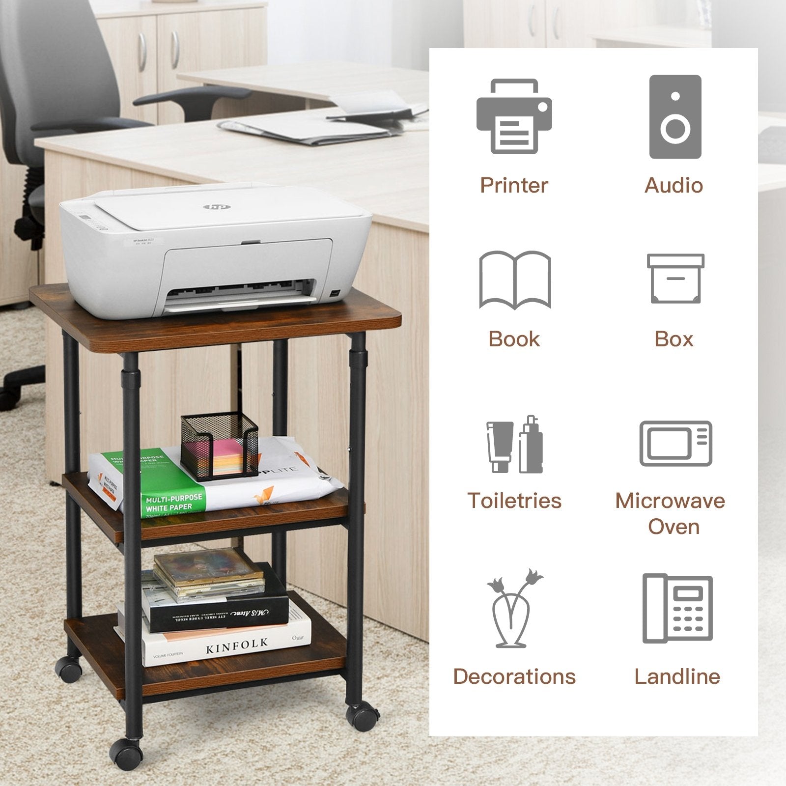 3-tier Adjustable Printer Stand with 360° Swivel Casters, Brown Laptop Tables & Printer Stands   at Gallery Canada