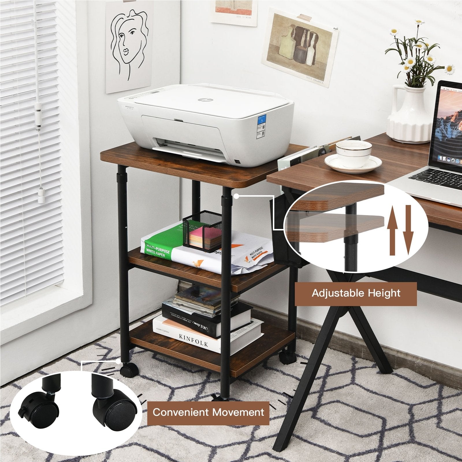 3-tier Adjustable Printer Stand with 360° Swivel Casters, Brown Laptop Tables & Printer Stands   at Gallery Canada