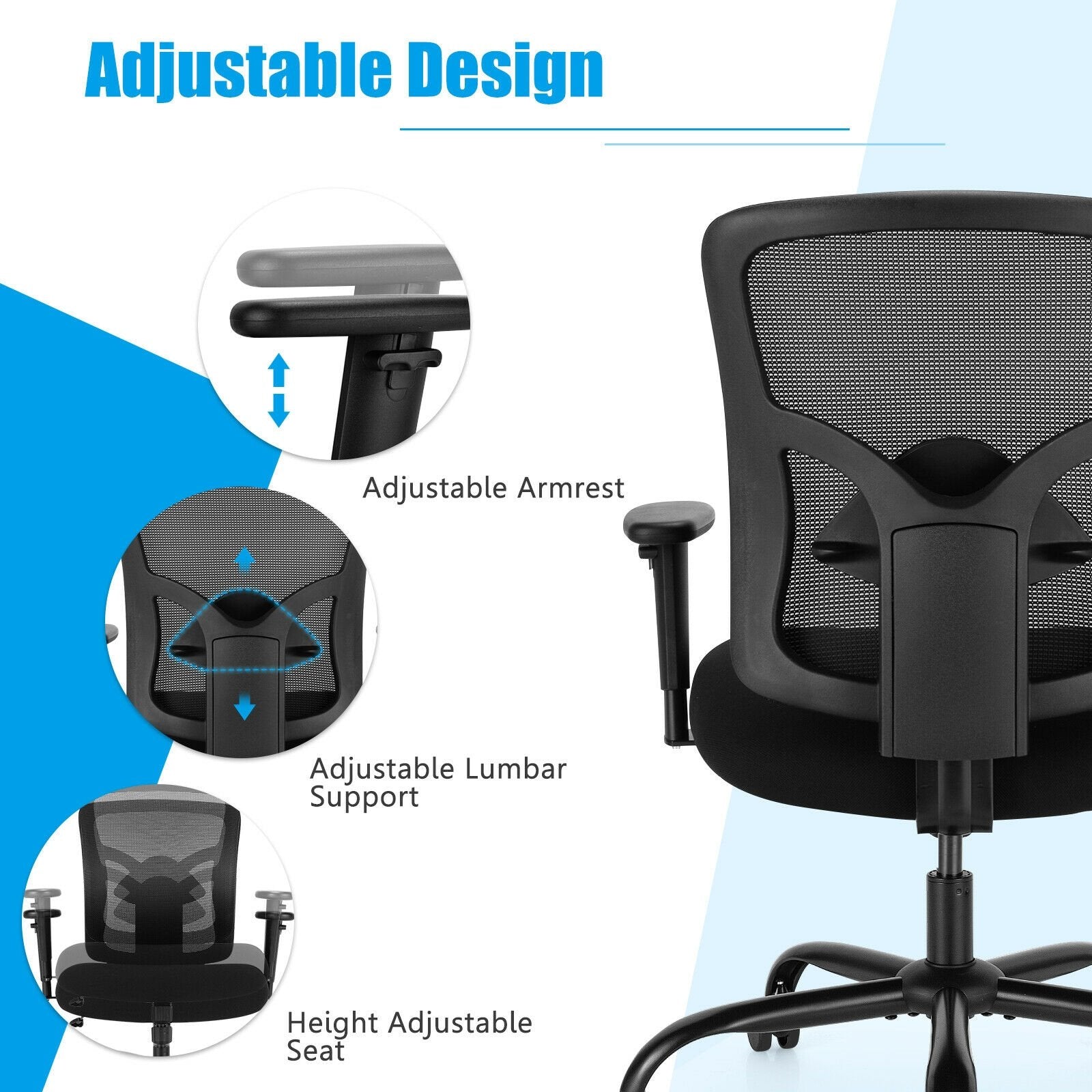 400LBS Mesh Big and Tall Office Chair Swivel Task Chair, Black Big and Tall Chairs   at Gallery Canada