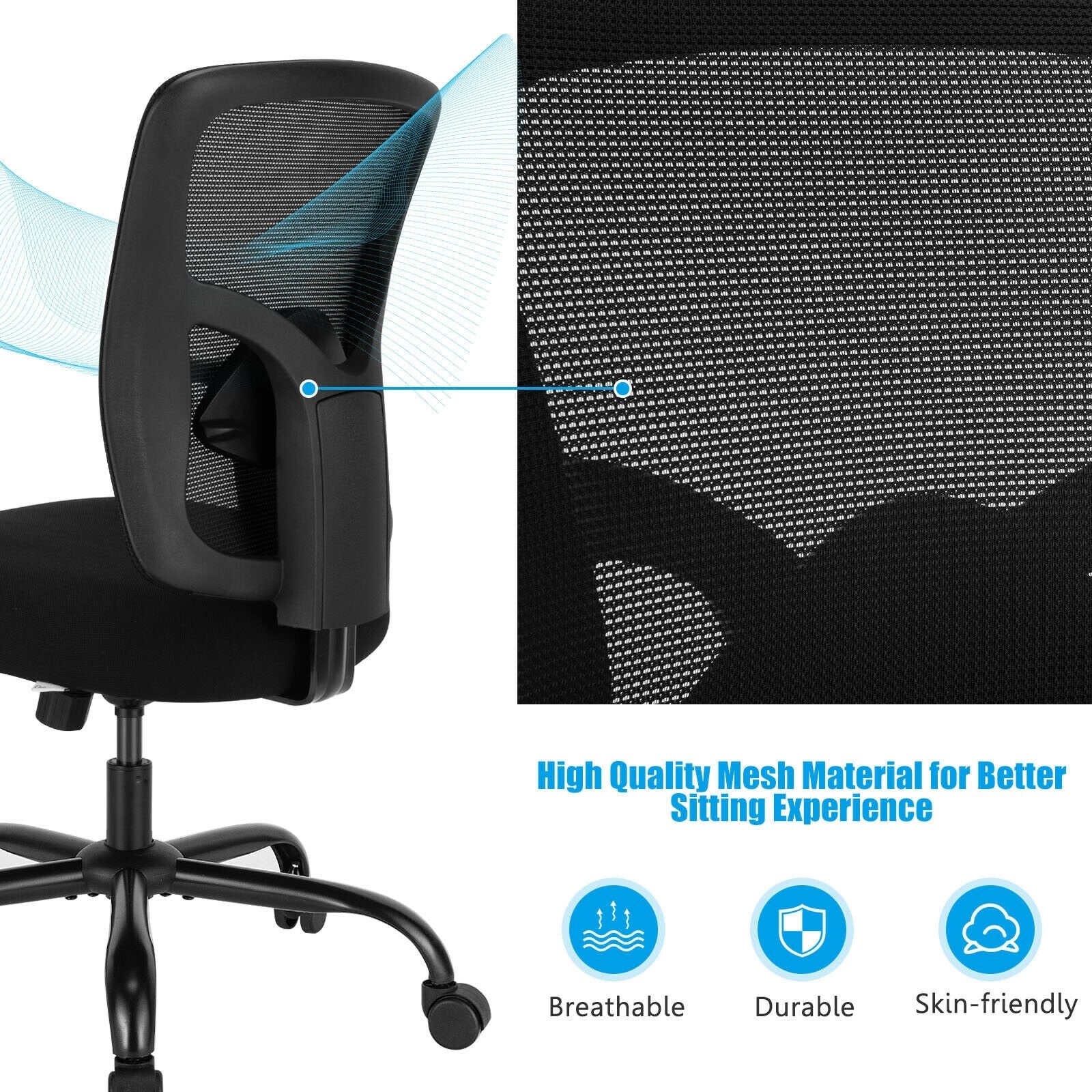 400LBS Mesh Big and Tall Office Chair Swivel Task Chair, Black Big and Tall Chairs   at Gallery Canada