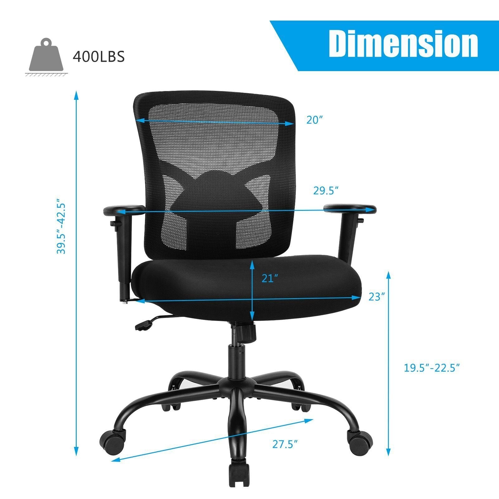 400LBS Mesh Big and Tall Office Chair Swivel Task Chair, Black Big and Tall Chairs   at Gallery Canada