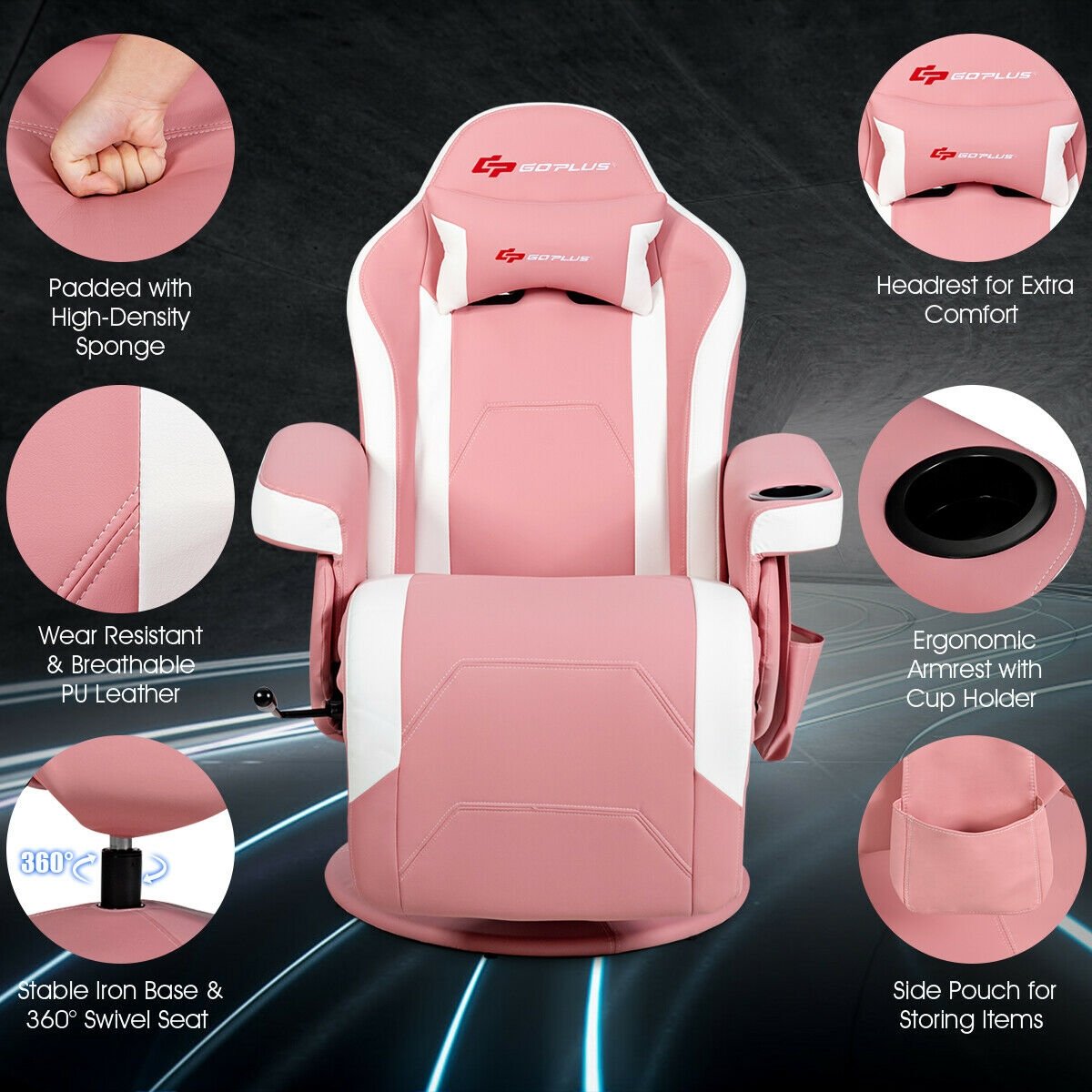 Ergonomic High Back Massage Gaming Chair with Pillow, Pink Gaming Chairs   at Gallery Canada