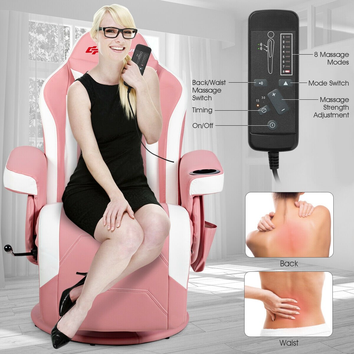 Ergonomic High Back Massage Gaming Chair with Pillow, Pink Gaming Chairs   at Gallery Canada