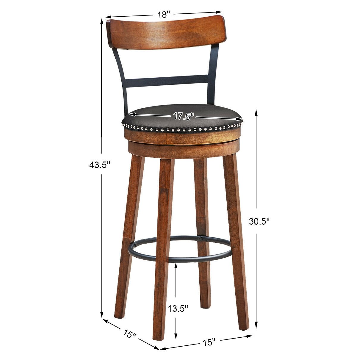 30.5 Inch 360-Degree Swivel Stools with Leather Padded Seat, Brown Bar Stools   at Gallery Canada