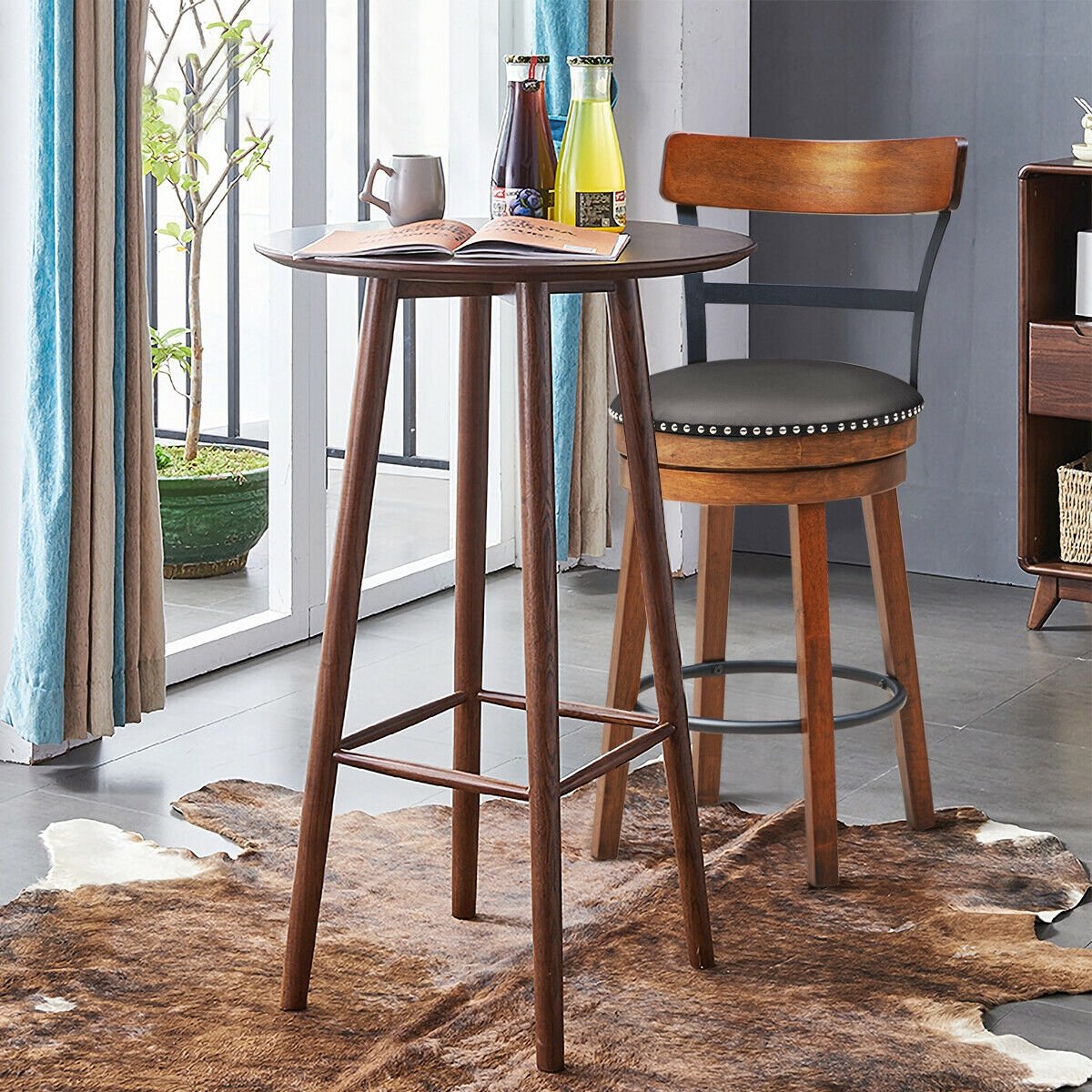 30.5 Inch 360-Degree Swivel Stools with Leather Padded Seat, Brown Bar Stools   at Gallery Canada