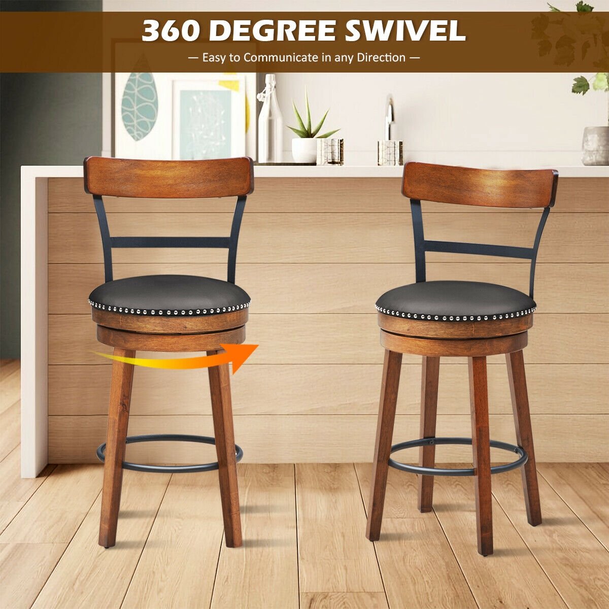 30.5 Inch 360-Degree Swivel Stools with Leather Padded Seat, Brown Bar Stools   at Gallery Canada