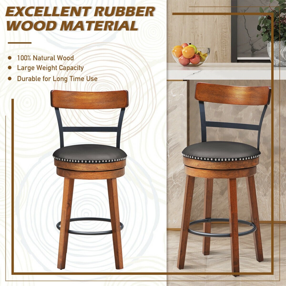 30.5 Inch 360-Degree Swivel Stools with Leather Padded Seat, Brown Bar Stools   at Gallery Canada