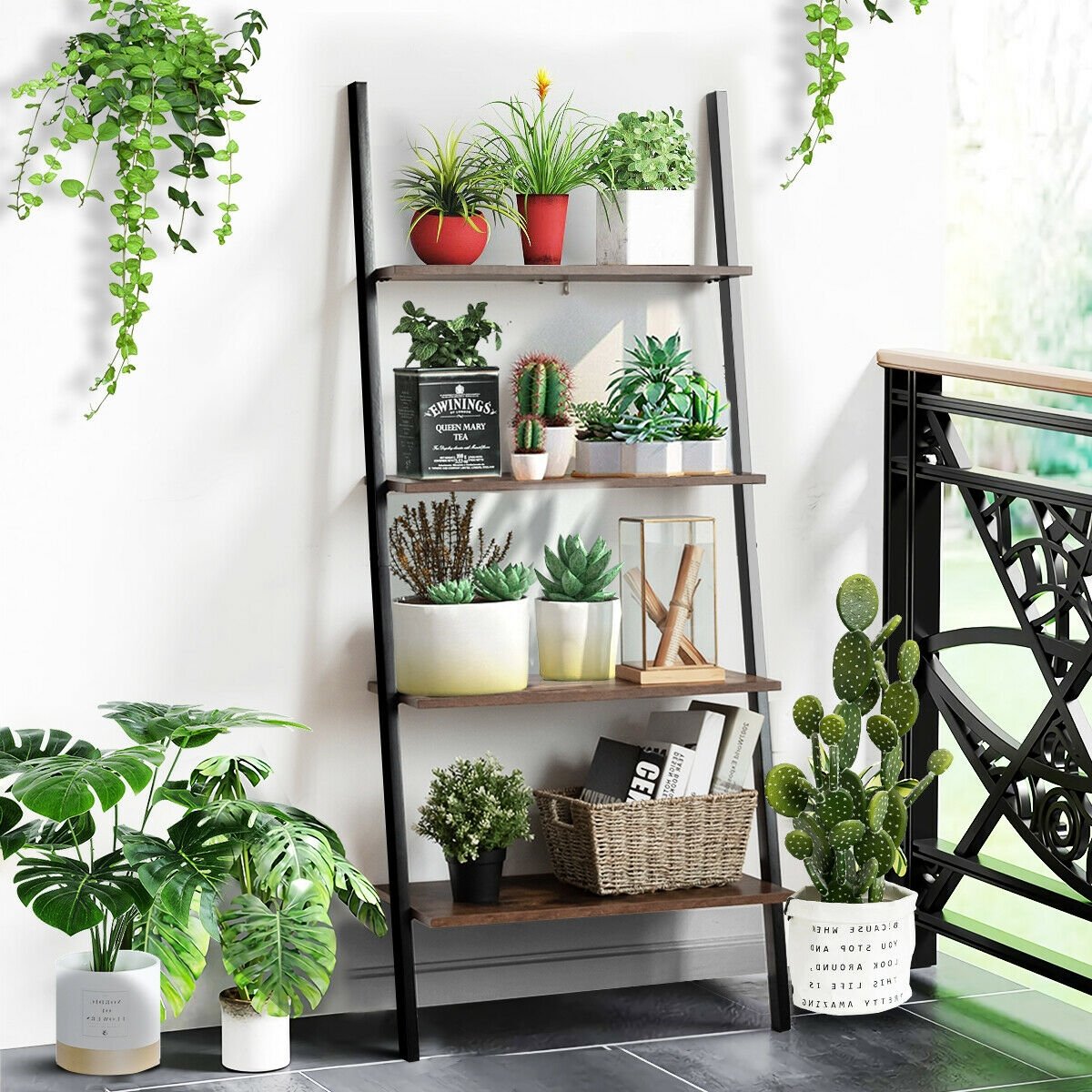 Multipurpose 4-Tier Industrial Leaning Wall Bookcase with Metal Frame, Brown Bookcases   at Gallery Canada