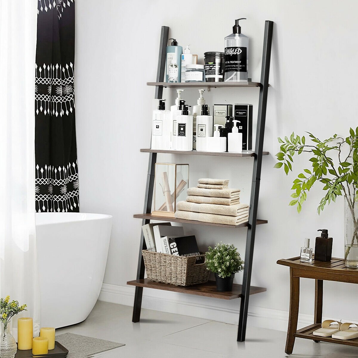 Multipurpose 4-Tier Industrial Leaning Wall Bookcase with Metal Frame, Brown Bookcases   at Gallery Canada