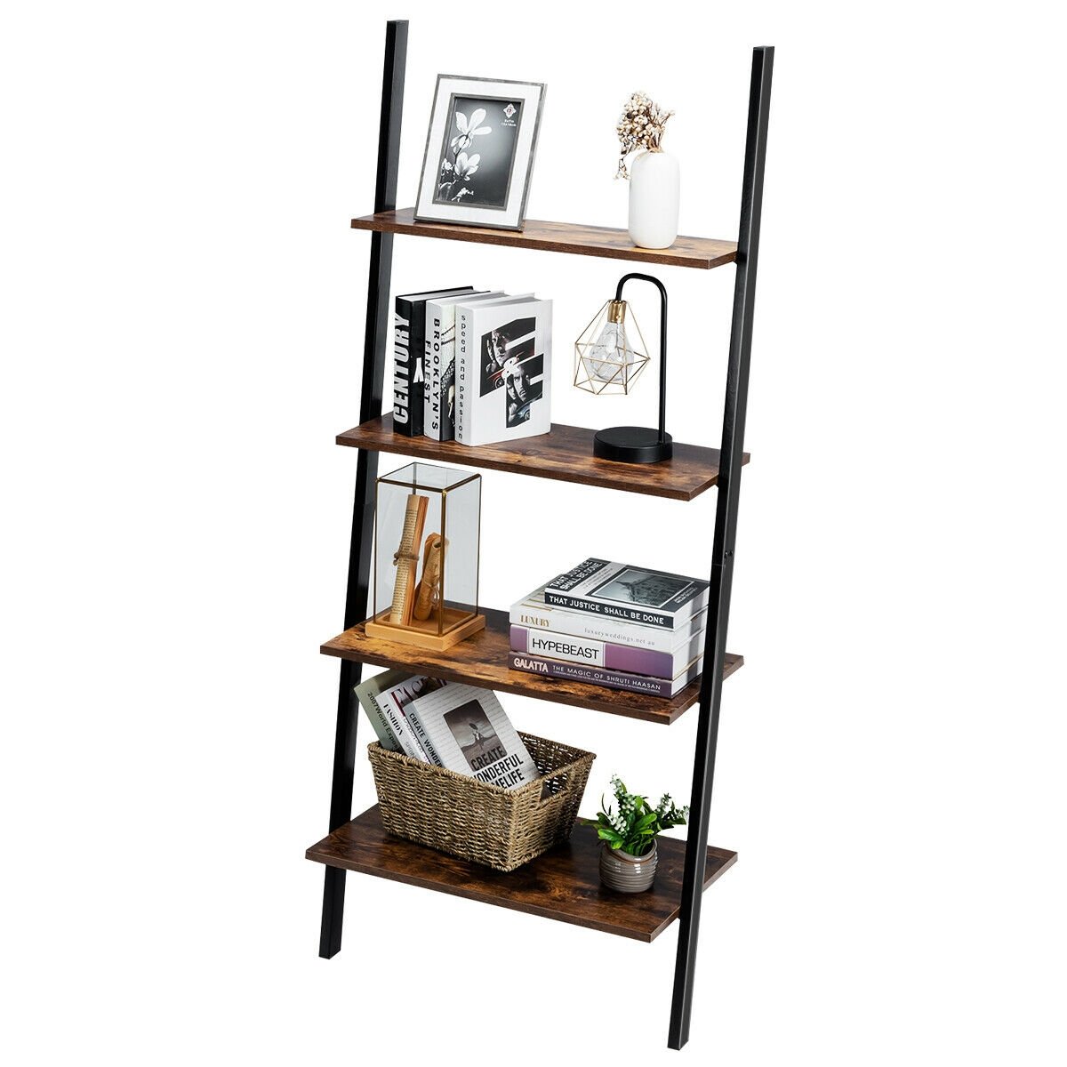 Multipurpose 4-Tier Industrial Leaning Wall Bookcase with Metal Frame, Brown Bookcases   at Gallery Canada