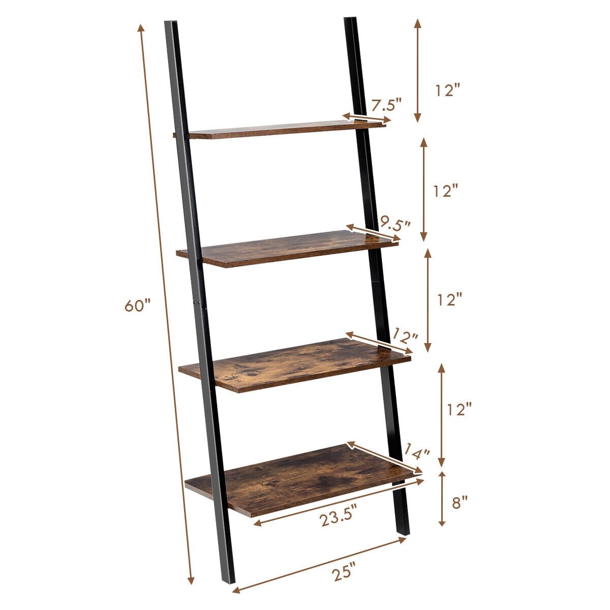 Multipurpose 4-Tier Industrial Leaning Wall Bookcase with Metal Frame, Brown Bookcases   at Gallery Canada