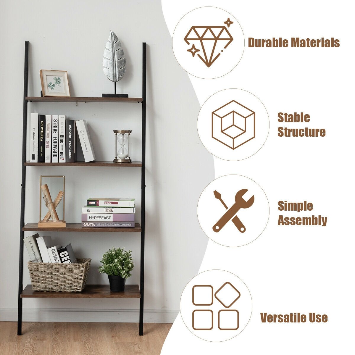 Multipurpose 4-Tier Industrial Leaning Wall Bookcase with Metal Frame, Brown Bookcases   at Gallery Canada