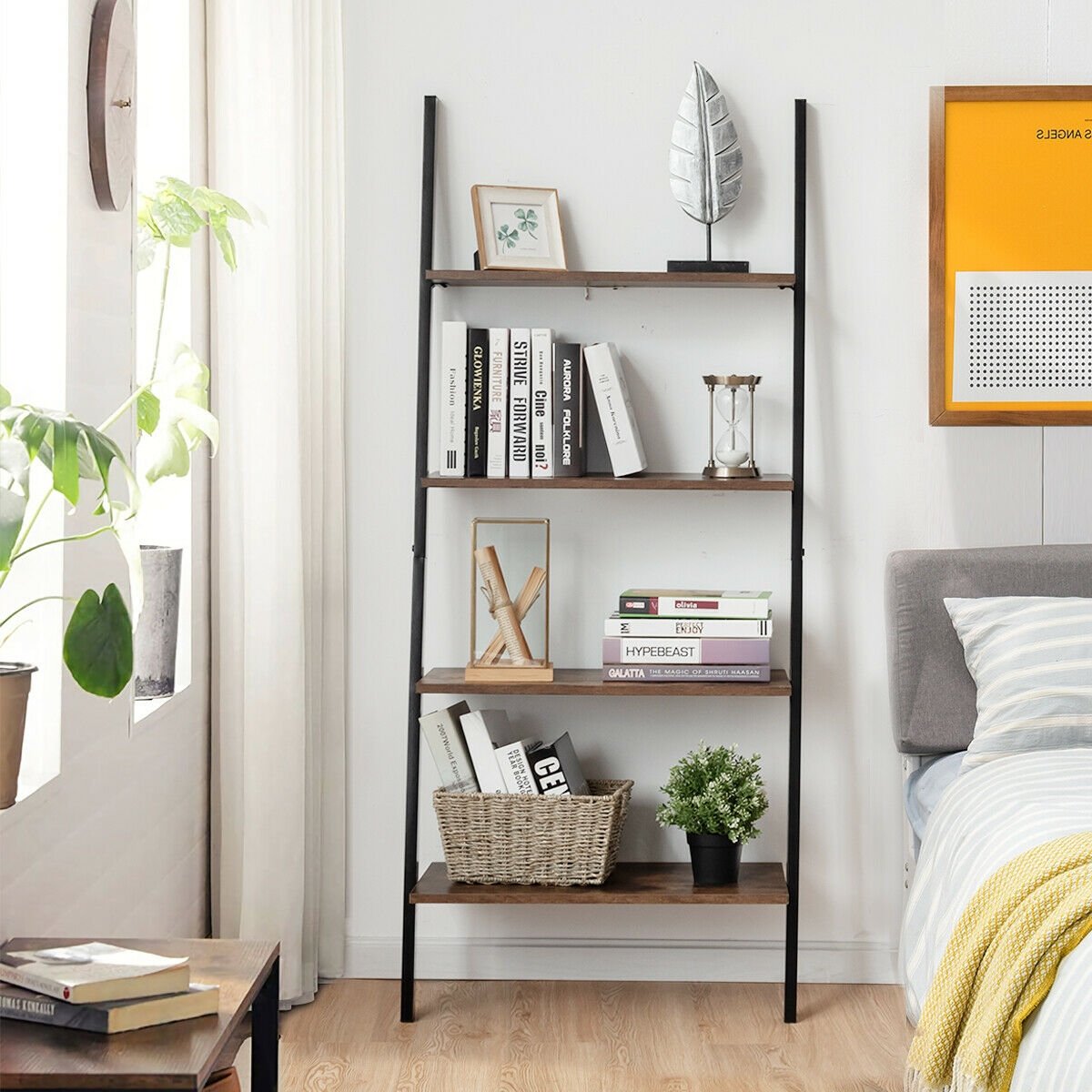 Multipurpose 4-Tier Industrial Leaning Wall Bookcase with Metal Frame, Brown Bookcases   at Gallery Canada