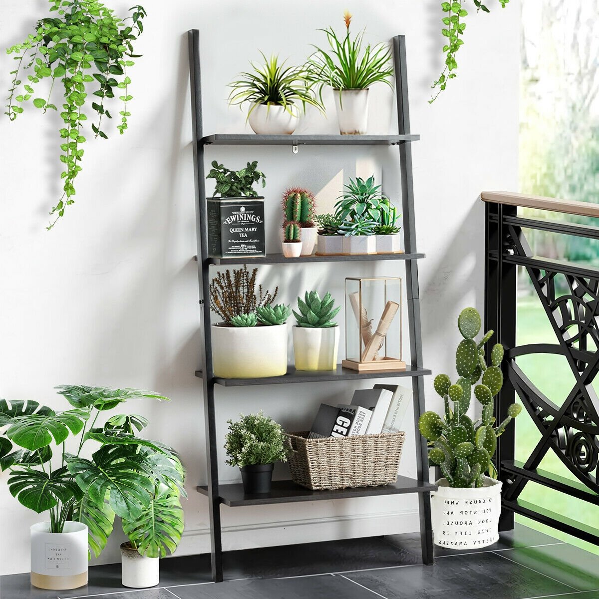 4-Tier Industrial Leaning Wall Bookcase, Black Bookcases   at Gallery Canada