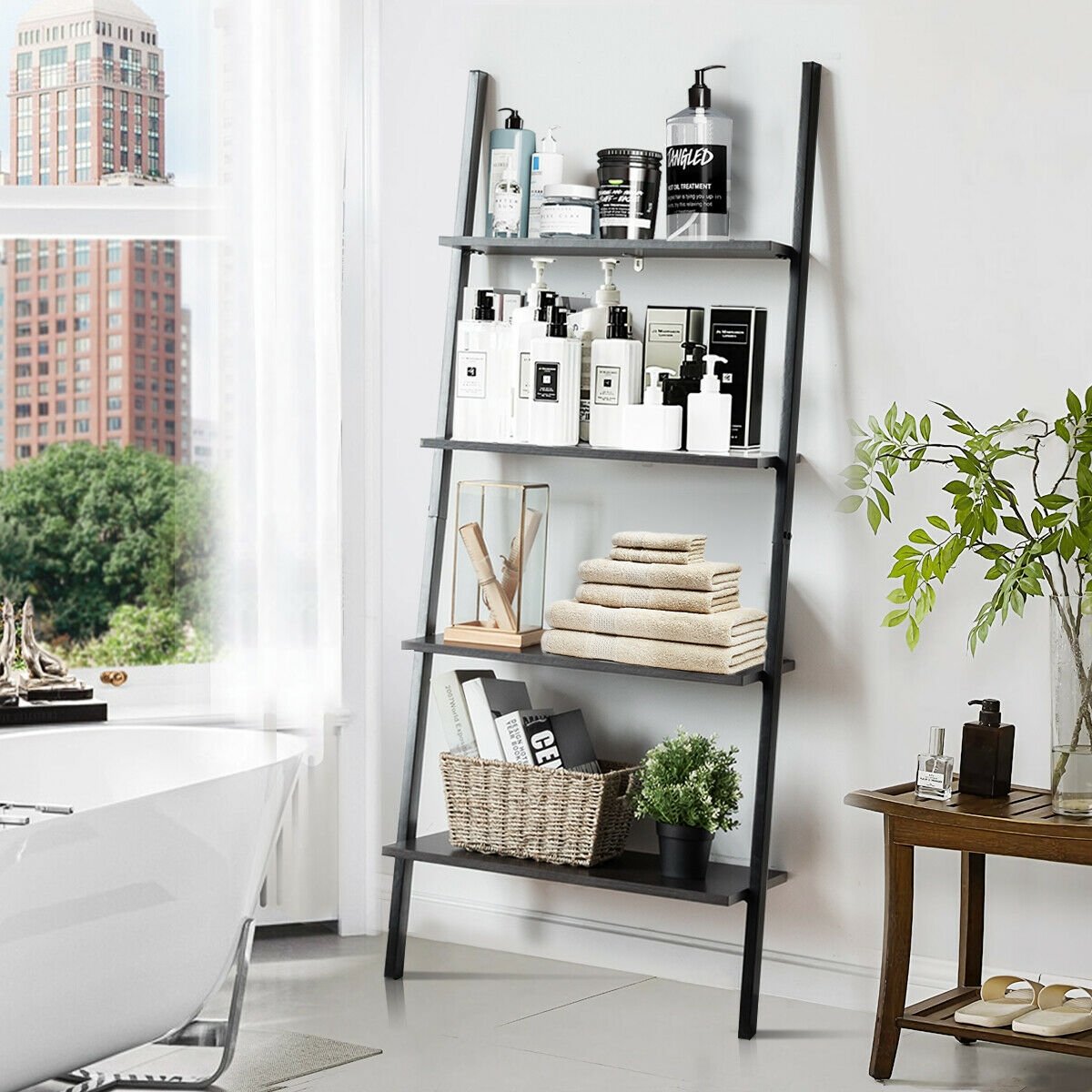 4-Tier Industrial Leaning Wall Bookcase, Black Bookcases   at Gallery Canada