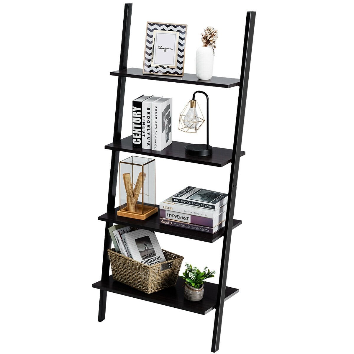 4-Tier Industrial Leaning Wall Bookcase, Black Bookcases   at Gallery Canada