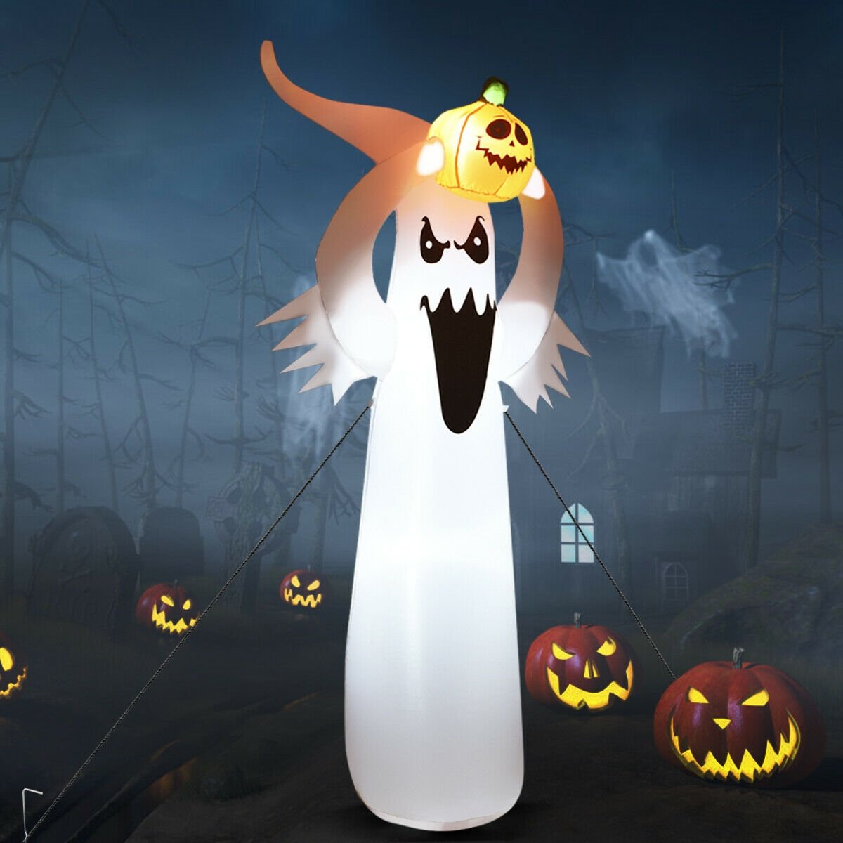 6 Feet Halloween Inflatable Blow Up Ghost with Pumpkin and LED Lights, White Halloween   at Gallery Canada