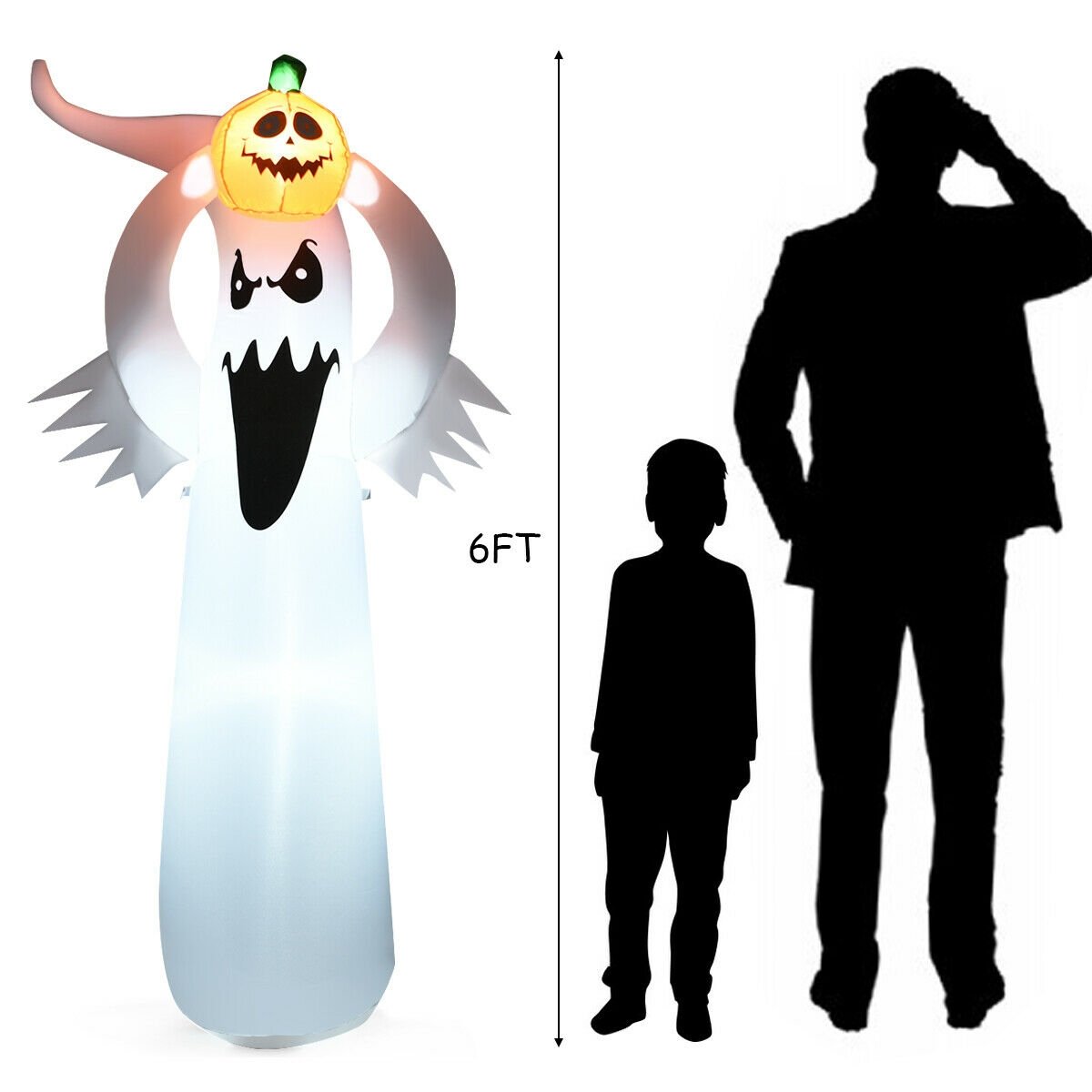 6 Feet Halloween Inflatable Blow Up Ghost with Pumpkin and LED Lights, White Halloween   at Gallery Canada