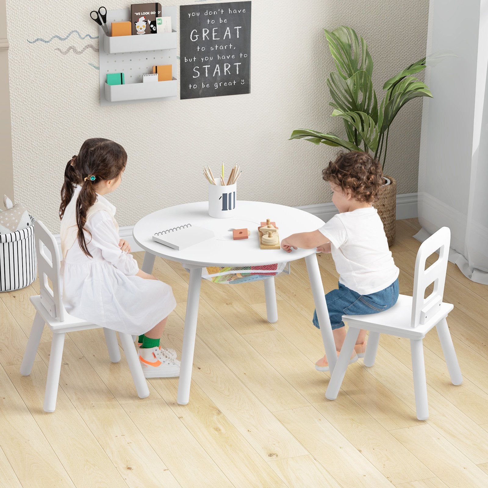 Wood Activity Kids Table and Chair Set with Center Mesh Storage, White Kids Table & Chair Sets   at Gallery Canada