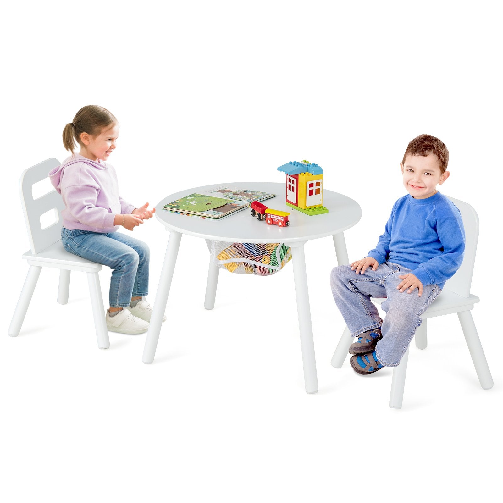 Wood Activity Kids Table and Chair Set with Center Mesh Storage, White Kids Table & Chair Sets   at Gallery Canada