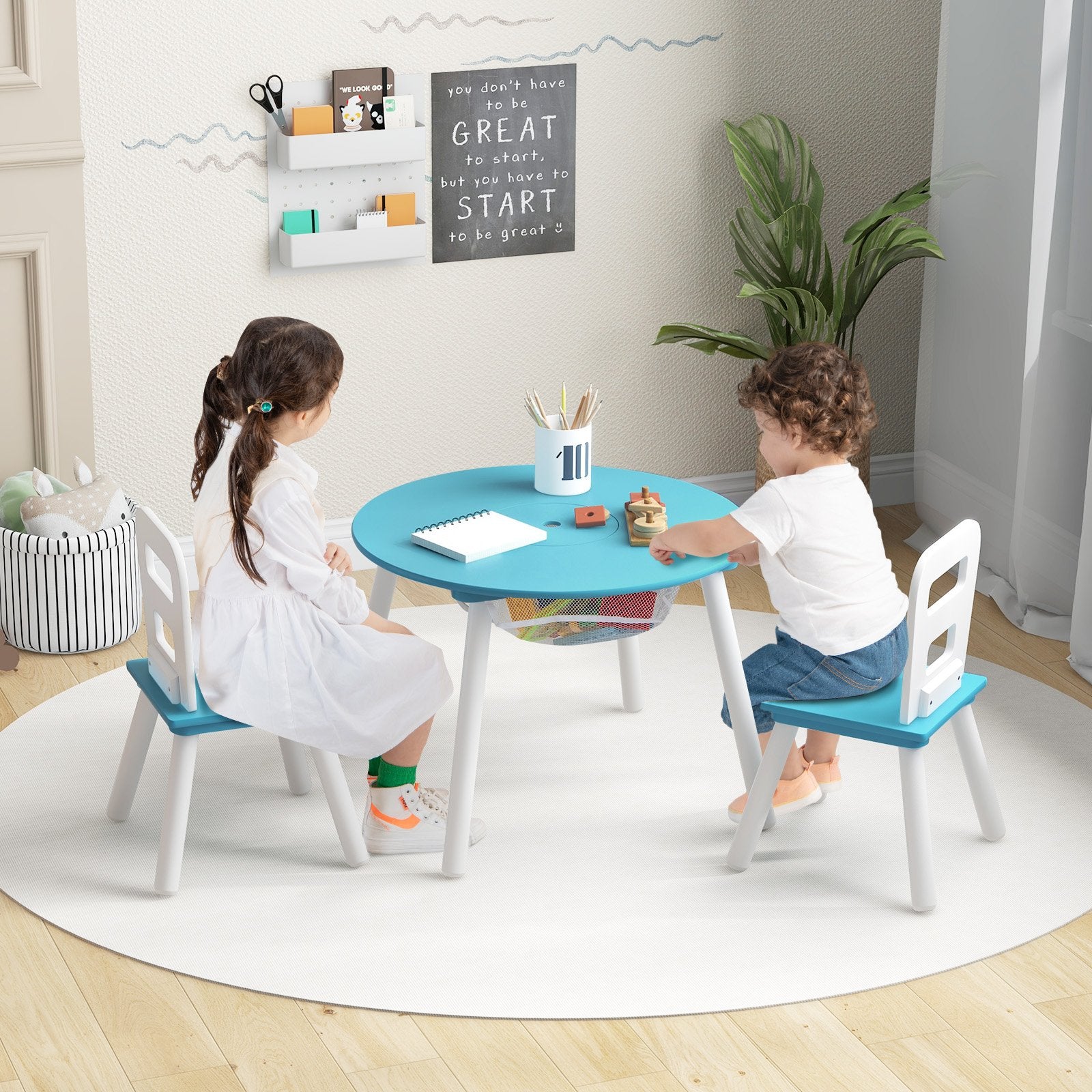 Wood Activity Kids Table and Chair Set with Center Mesh Storage, Blue Kids Table & Chair Sets   at Gallery Canada