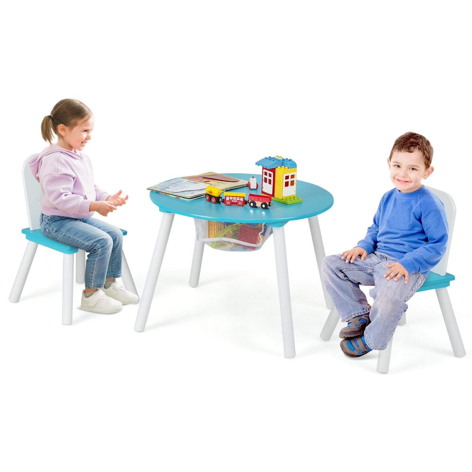 Wood Activity Kids Table and Chair Set with Center Mesh Storage, Blue Kids Table & Chair Sets   at Gallery Canada