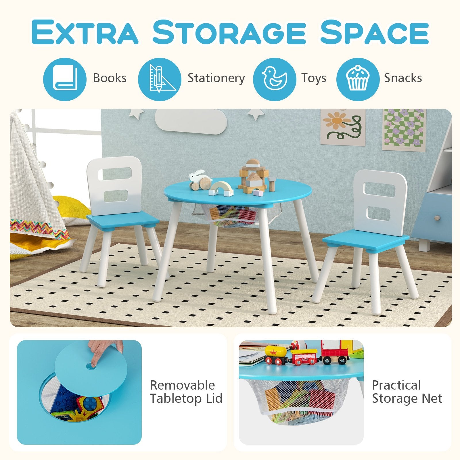 Wood Activity Kids Table and Chair Set with Center Mesh Storage, Blue Kids Table & Chair Sets   at Gallery Canada