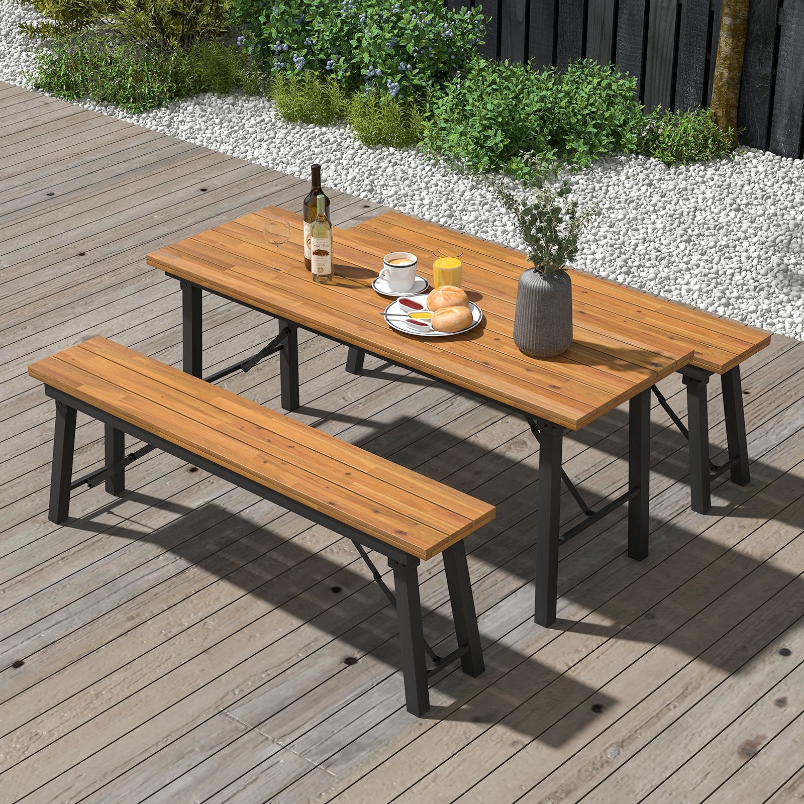 Outdoor Dining Table and Bench Set with Acacia Wood Top for Yard Garden Poolside, Natural Outdoor Seating & Patio Chairs   at Gallery Canada