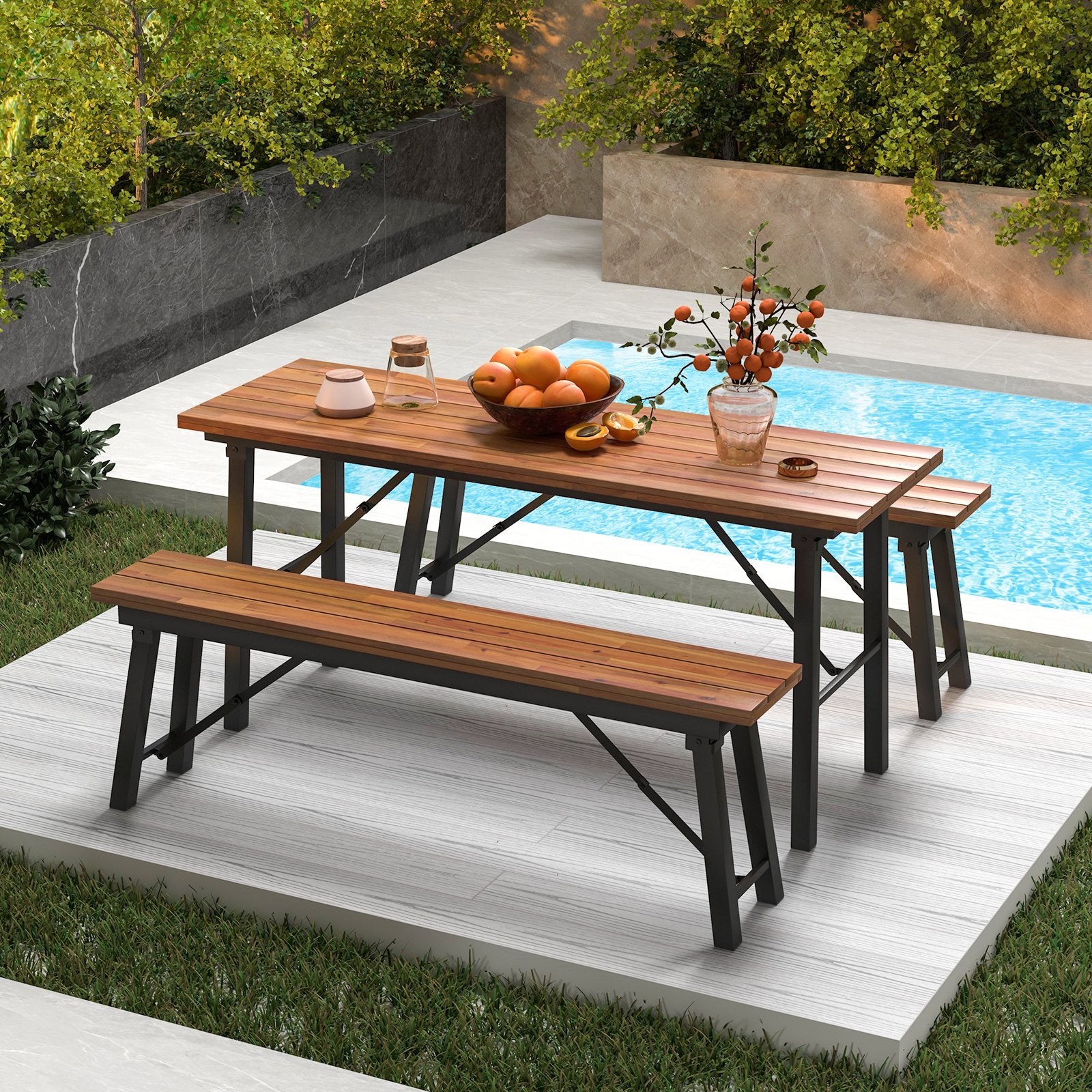 Outdoor Dining Table and Bench Set with Acacia Wood Top for Yard Garden Poolside, Natural Outdoor Seating & Patio Chairs   at Gallery Canada