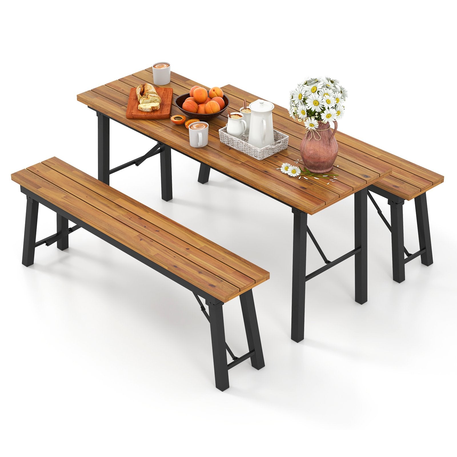 Outdoor Dining Table and Bench Set with Acacia Wood Top for Yard Garden Poolside, Natural Outdoor Seating & Patio Chairs   at Gallery Canada