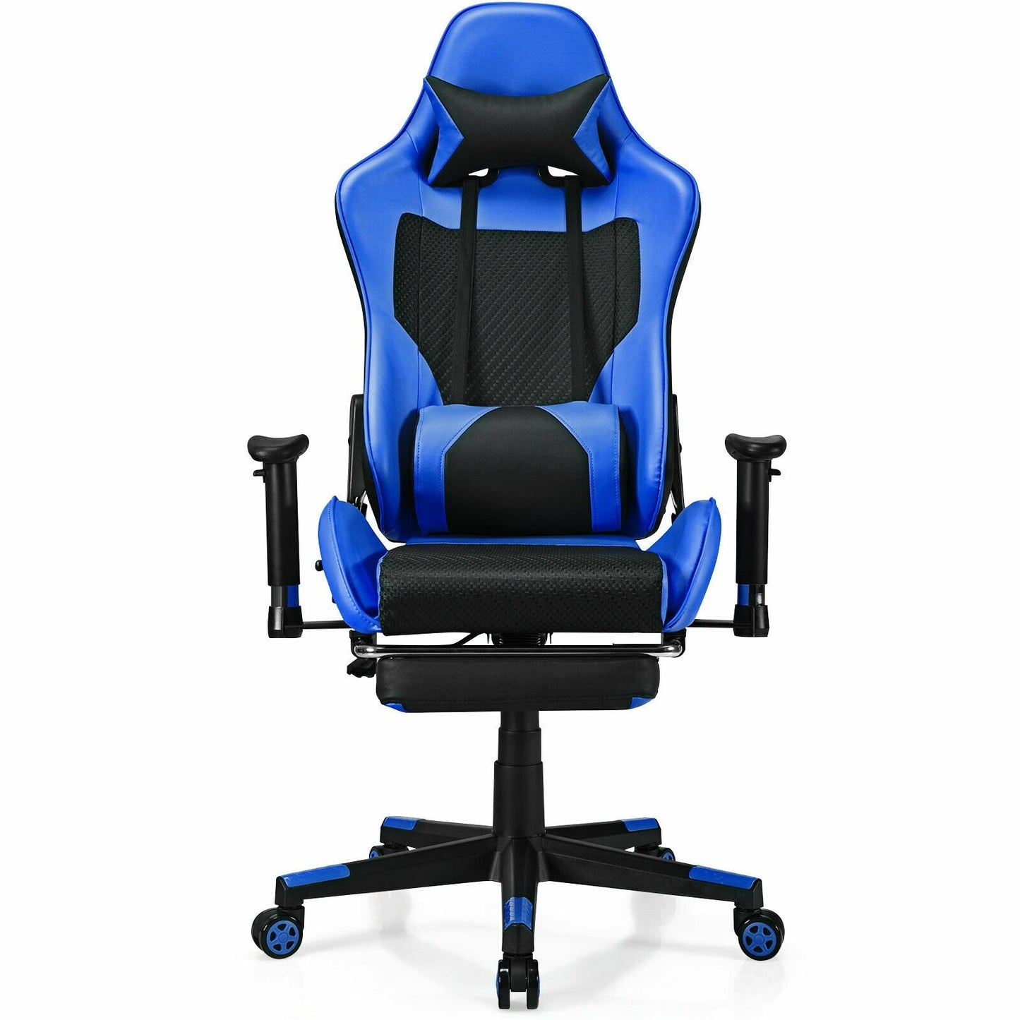 PU Leather Gaming Chair with USB Massage Lumbar Pillow and Footrest, Blue - Gallery Canada