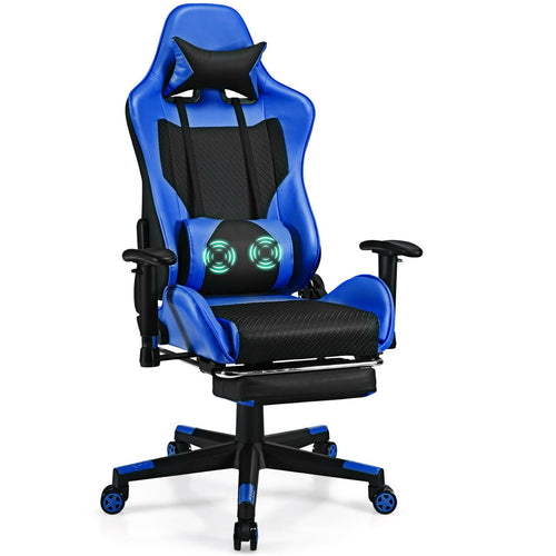 PU Leather Gaming Chair with USB Massage Lumbar Pillow and Footrest, Blue